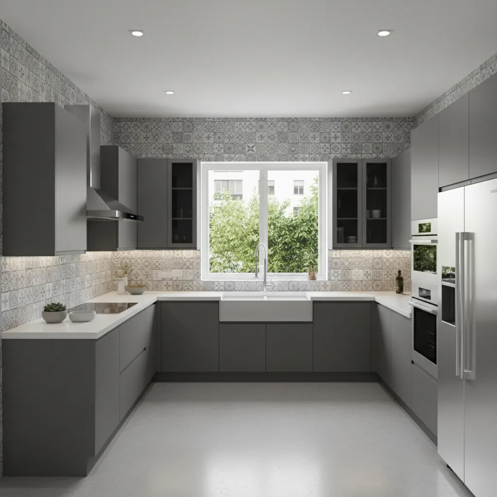 U shaped kitchen with backsplash along three wall sections