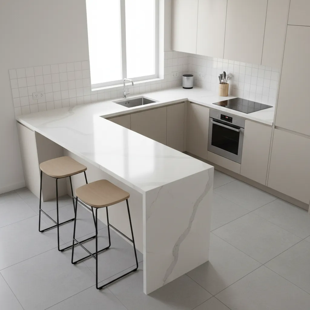 kitchen peninsula with extended countertop overhang for seating