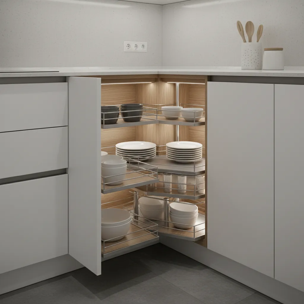 Open kitchen corner cabinet showing pull-out wire storage shelves with white plates and grey bowls