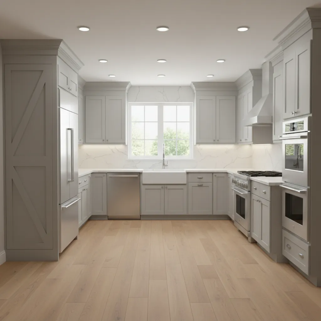 U shaped kitchen layout with corner pantry and large countertops