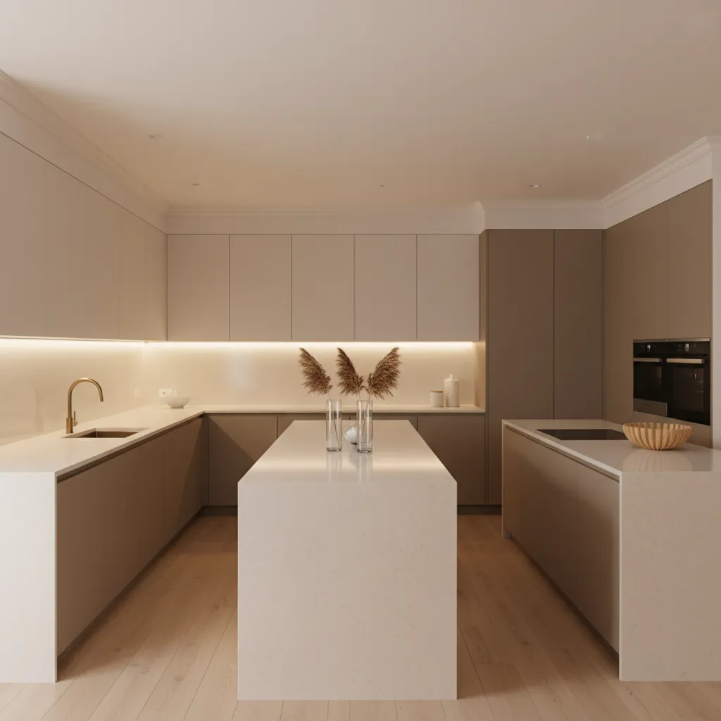 U shaped kitchen with long continuous countertops and upper cabinets