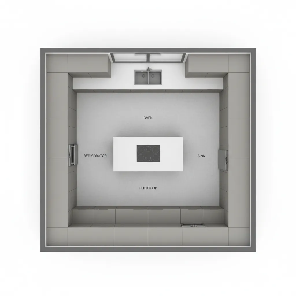 architectural floor plan of U shaped kitchen with labeled aisle width and counter dimensions