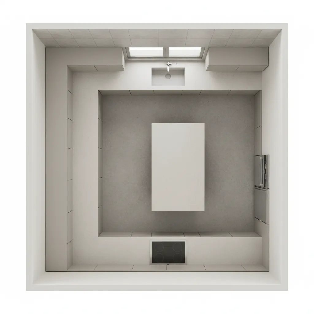 u shaped kitchen floor plan diagram with cabinet runs and aisle dimensions