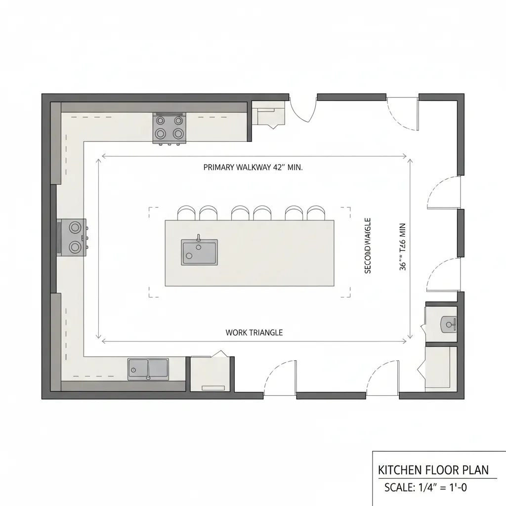 Kitchen floor plan showing u shaped layout with island and dimensions for the work triangle