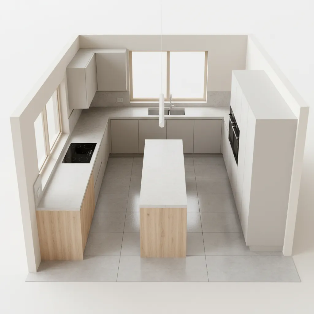 kitchen layout showing walkway clearance around island