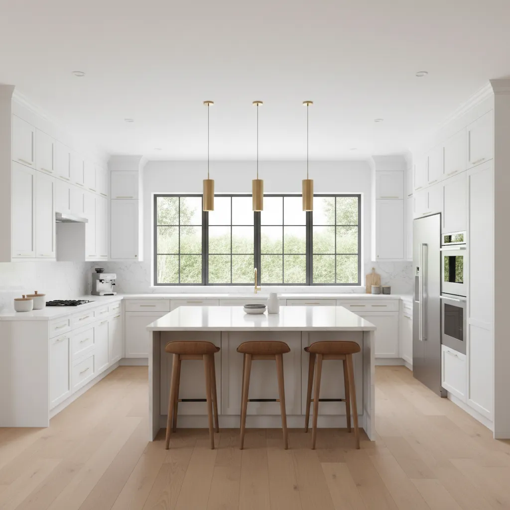 Modern white kitchen featuring large island with three wooden stools and three gold ceiling lights