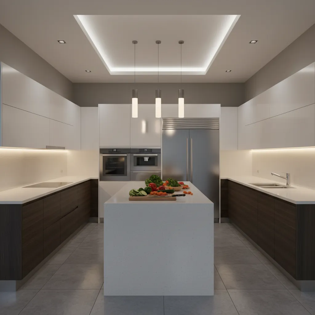 Modern U-shaped kitchen with white upper cabinets, wood lower cabinets, island, and three ceiling lights