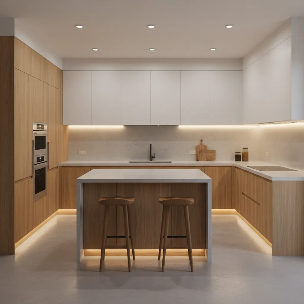 U-shaped kitchen layout with three walls of cabinets and large countertop workspace
