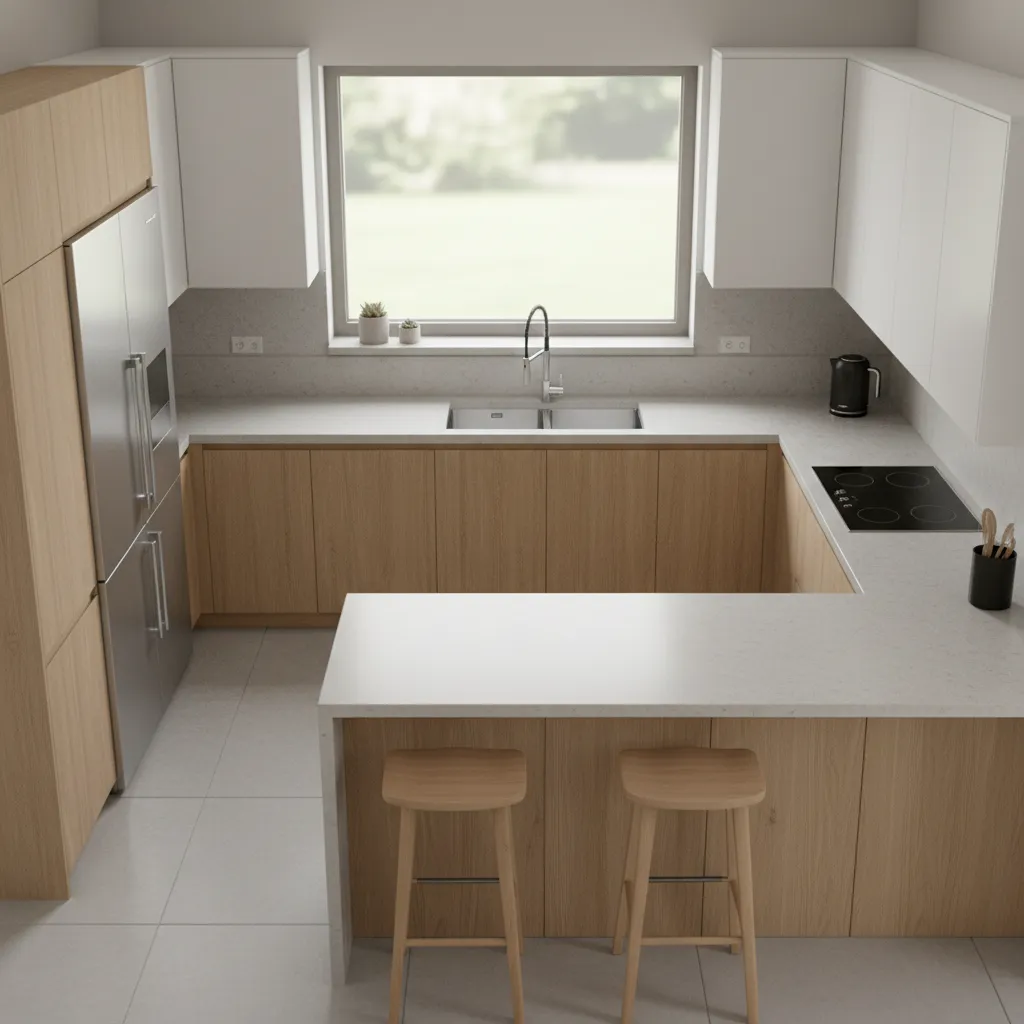 U shaped kitchen layout showing sink under window and cooking zones on sides