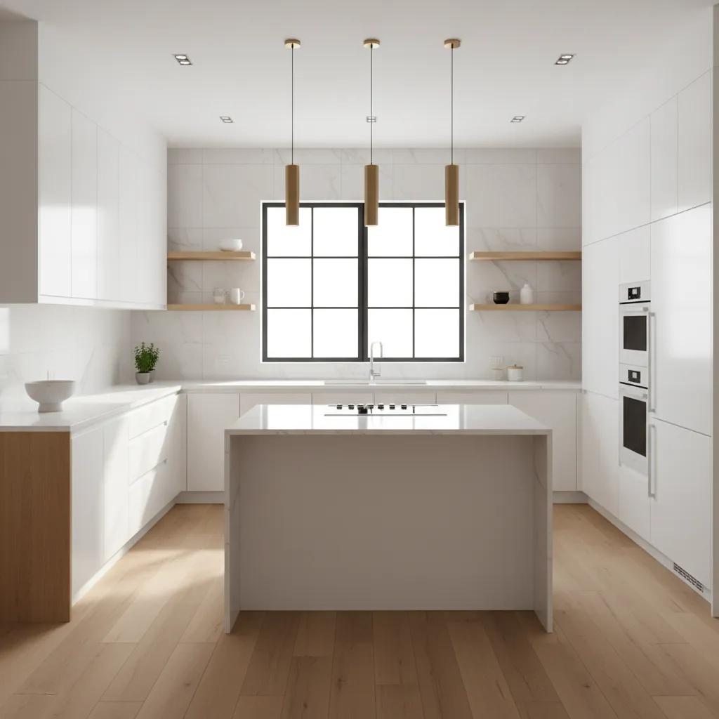 bright modern U shaped kitchen interior with balanced cabinet layout
