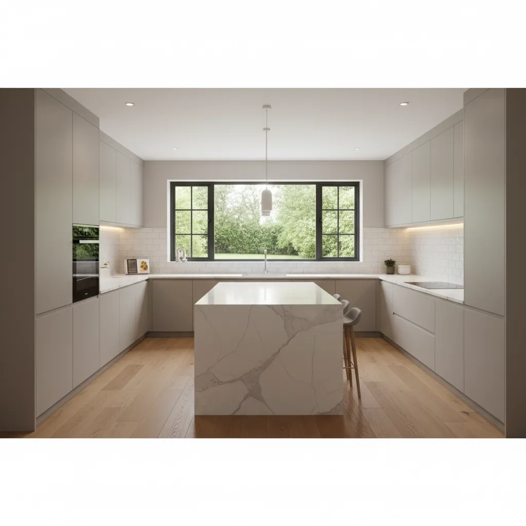 Modern U-shaped kitchen design with marble island, light grey cabinets, wood floor, and large windows