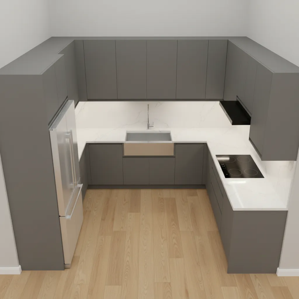 Top view diagram of a small U-shaped kitchen layout showing work triangle