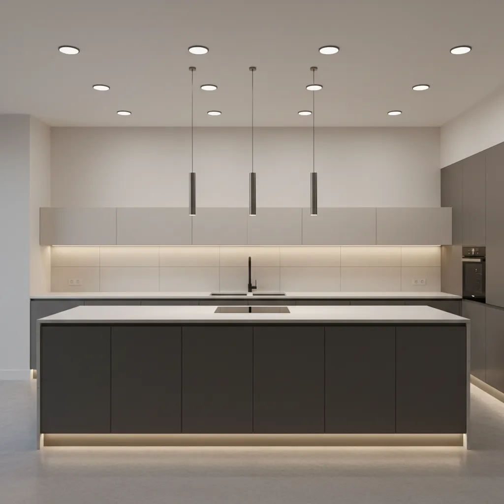 Modern grey kitchen island with white countertop featuring three hanging light fixtures and ceiling lights