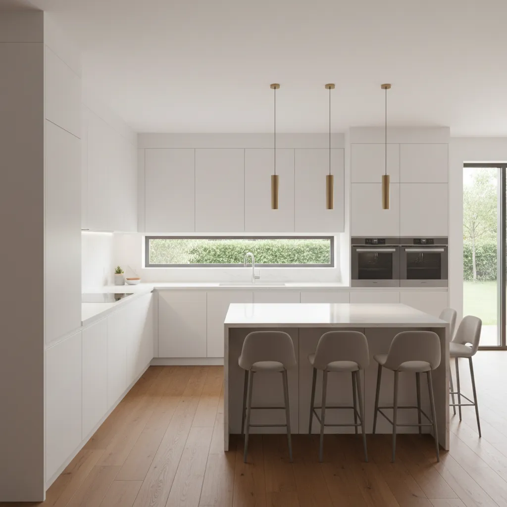 bright modern u shaped kitchen interior with three walls of cabinets and wide aisle