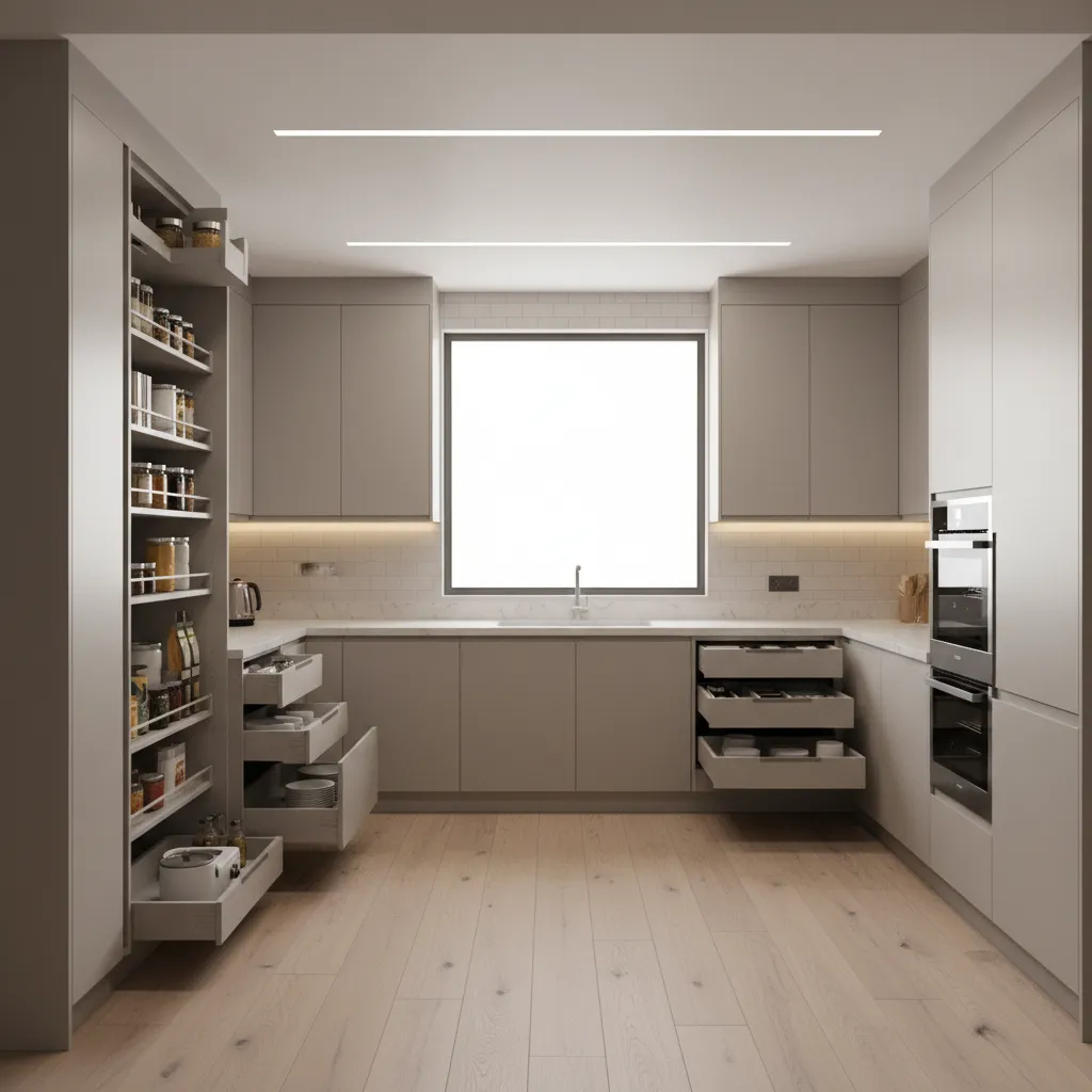 Small U-shaped kitchen with pull-out storage and tall cabinets maximizing vertical space