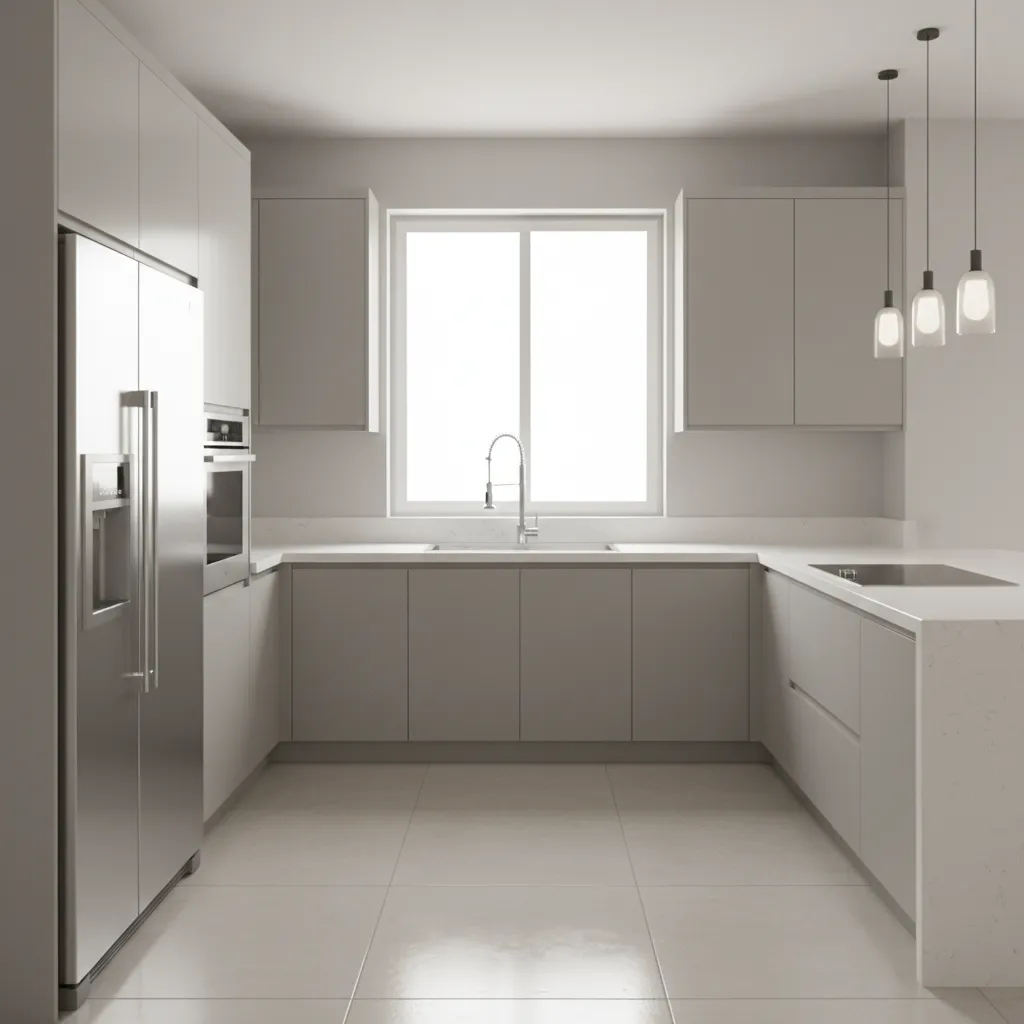 U shaped kitchen with sink under window and bright natural lighting