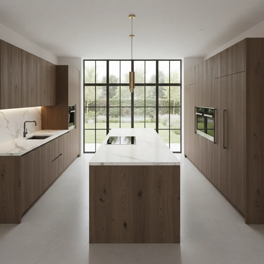 Large U shaped kitchen layout with center island and wide walking space