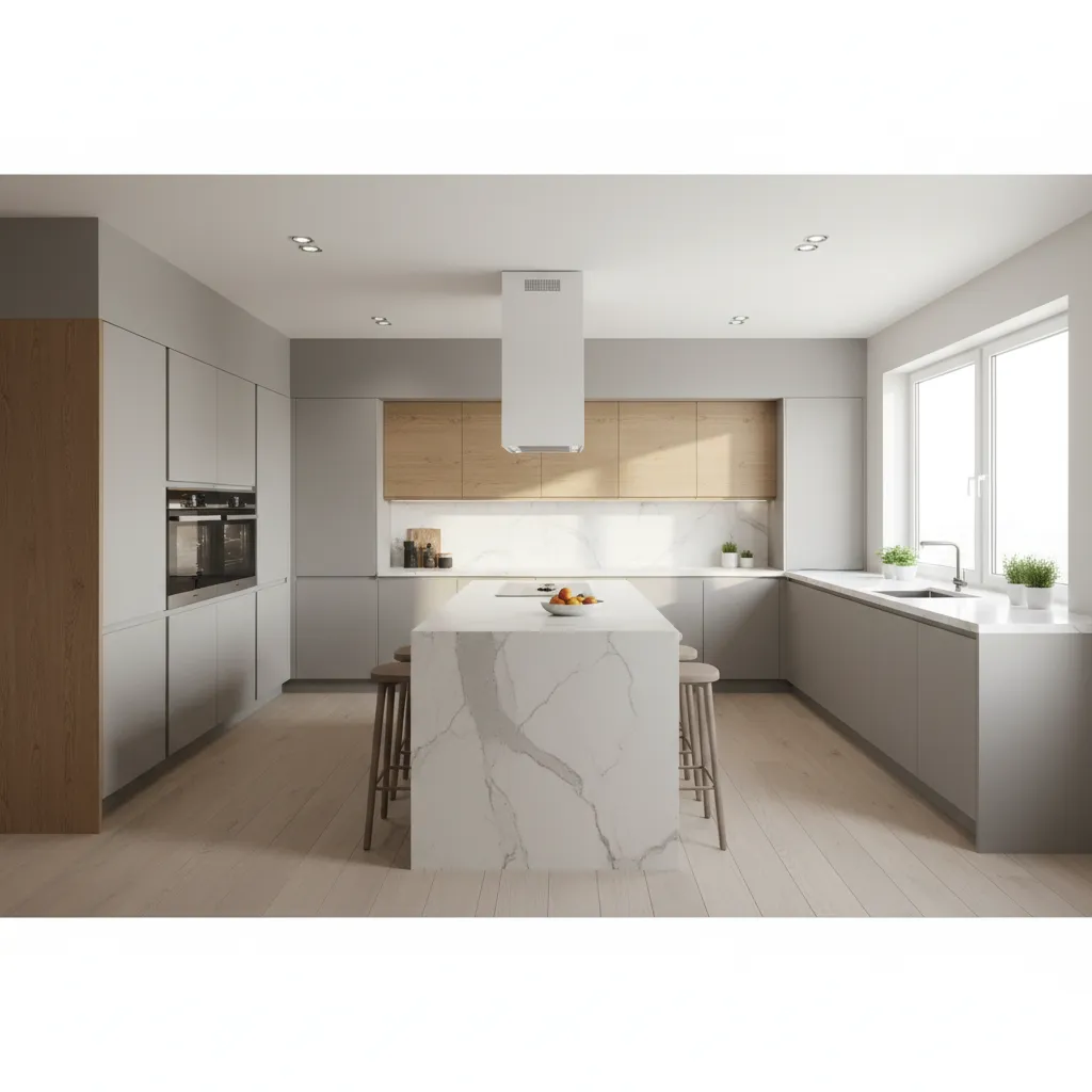 Minimalist kitchen design with grey cabinets and marble island with wood flooring and natural light