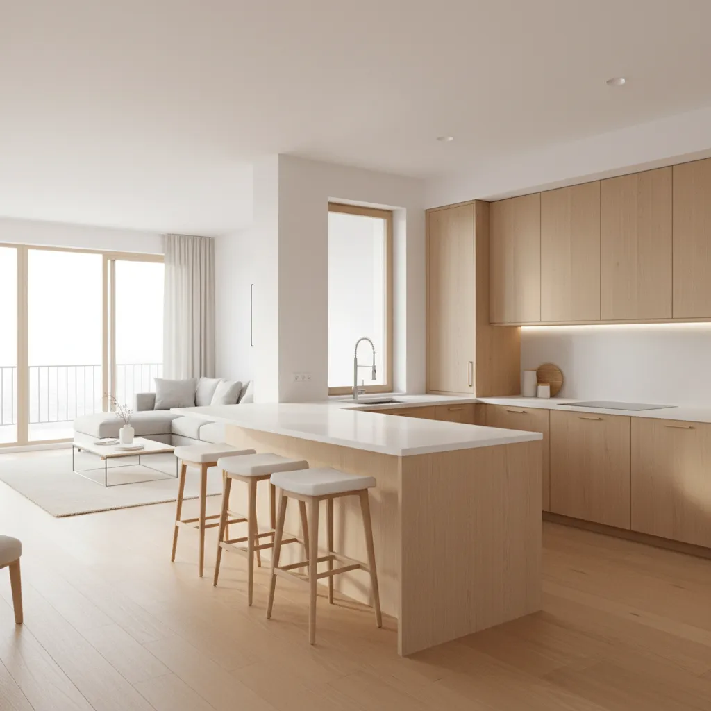 Light wood kitchen with breakfast bar three stools and open layout with a grey sofa