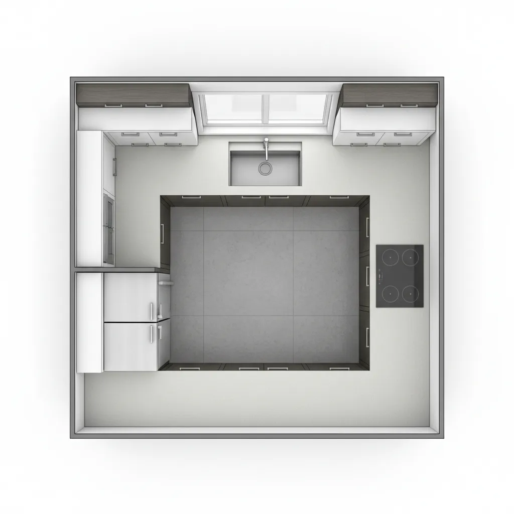 diagram style visualization of sink stove refrigerator work triangle in U shaped kitchen