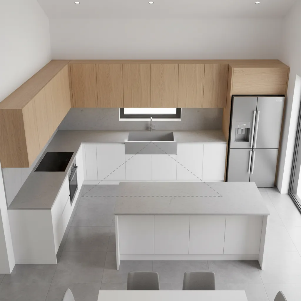 Top view of U-shaped kitchen layout showing work triangle between sink, stove, fridge, and island