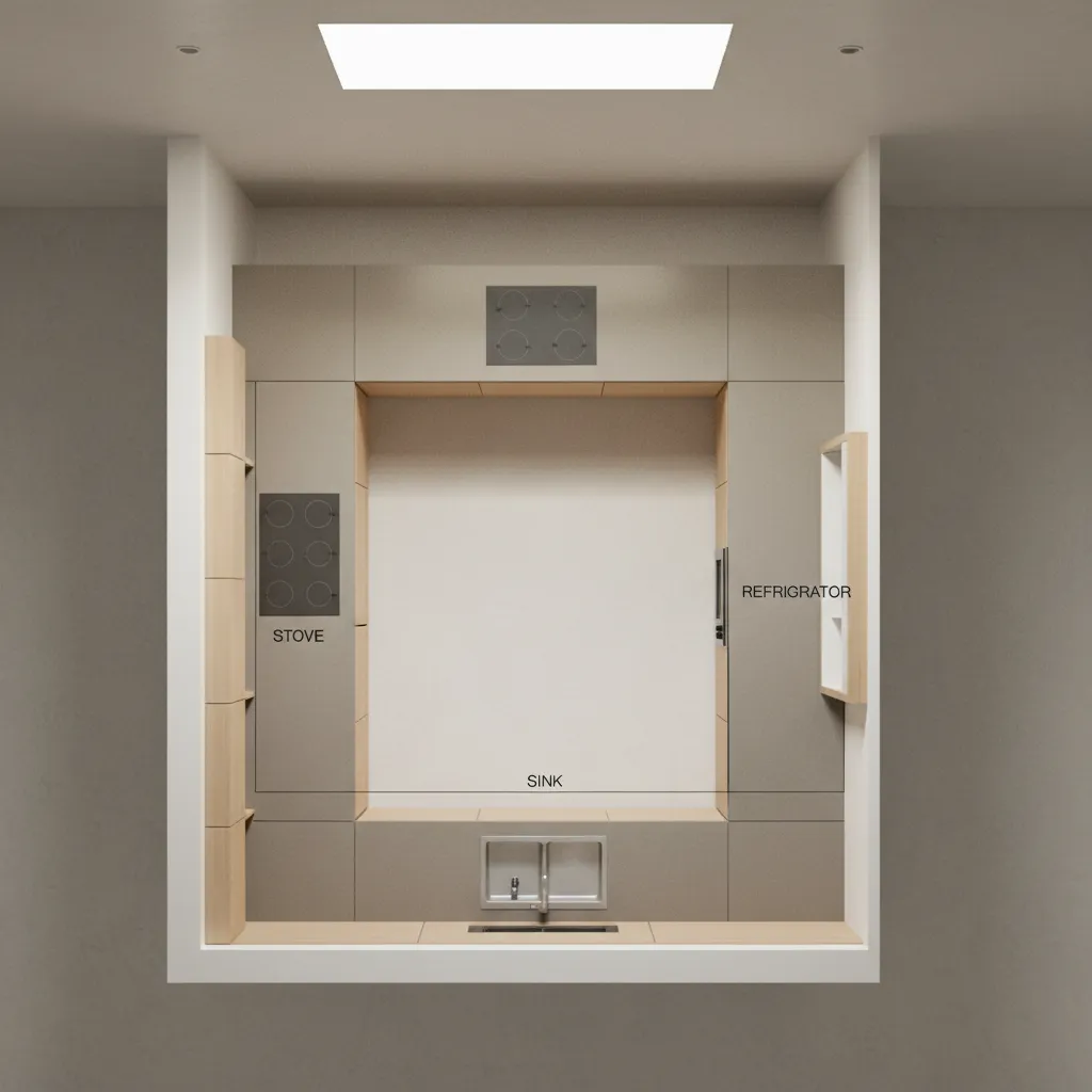 diagram style visualization of U shaped kitchen work triangle and walkway clearance