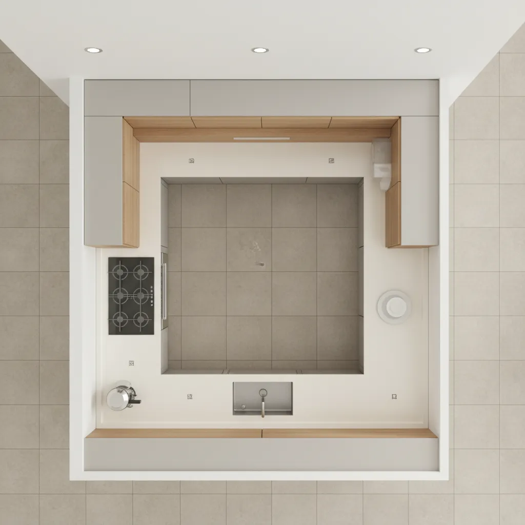 u shaped kitchen work triangle showing sink stove and refrigerator placement