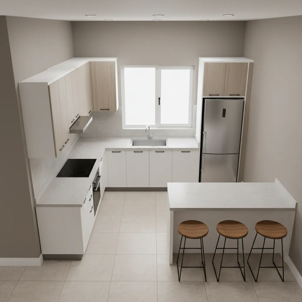 U-shaped kitchen work triangle layout with peninsula bar