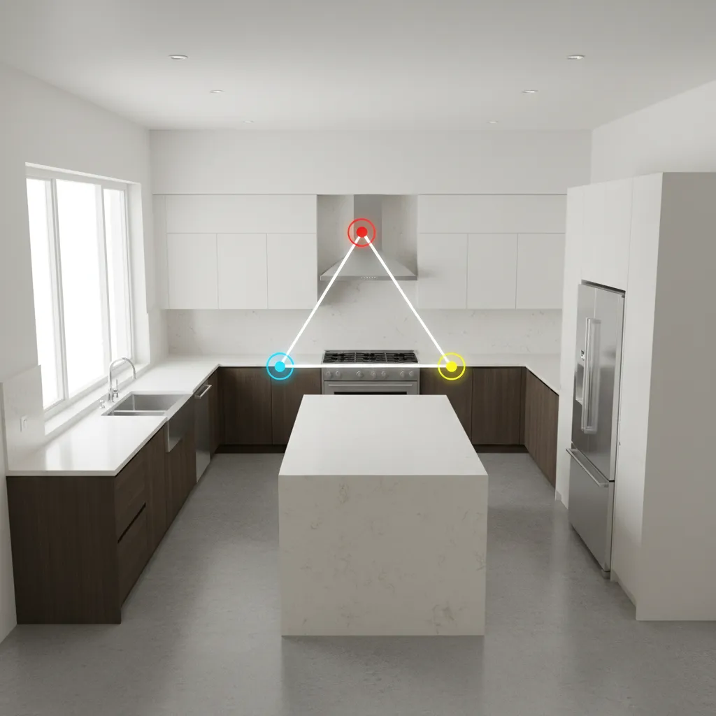 Modern kitchen view showing a white triangle path connecting the stove, sink, and large refrigerator