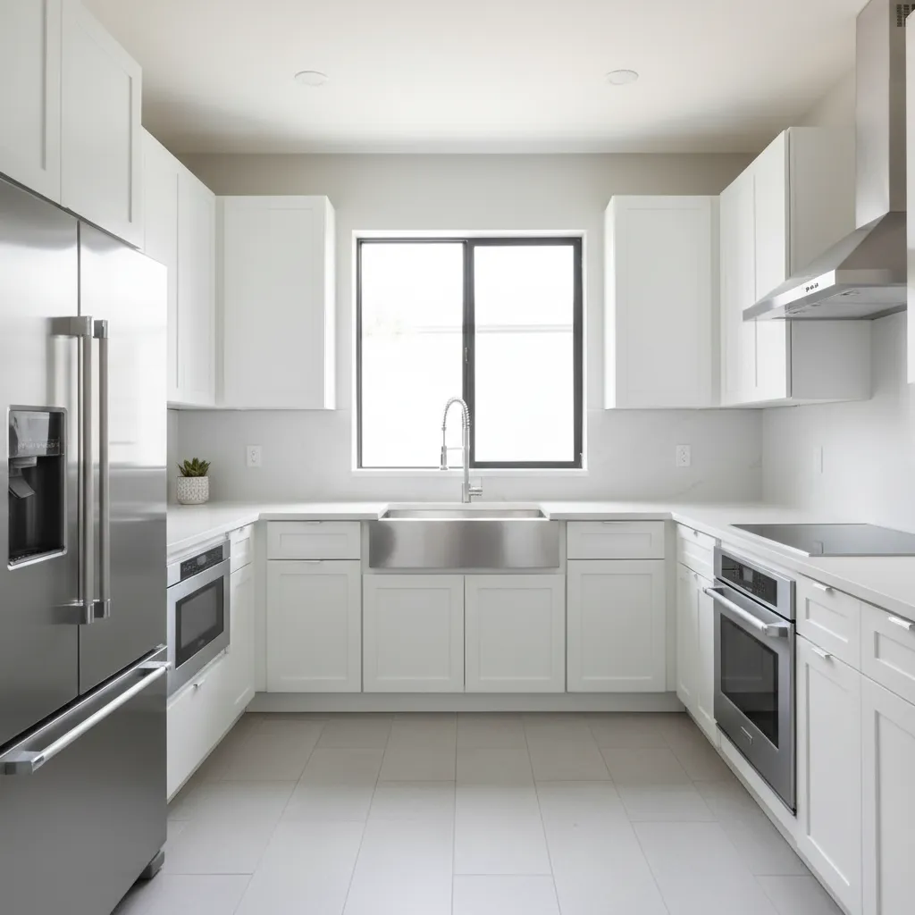 Modern white kitchen layout with steel sink below window white cabinets and a silver fridge