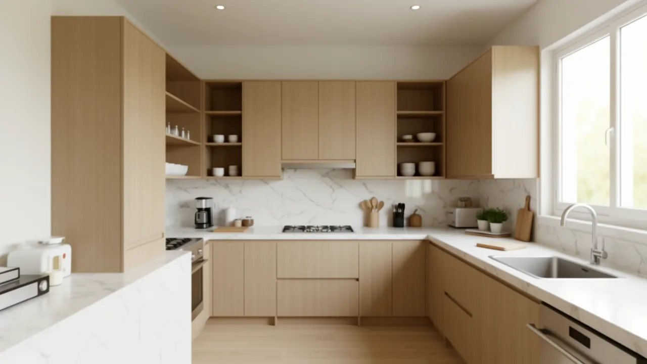 U shaped modular kitchen layout surrounding three walls with modern cabinets