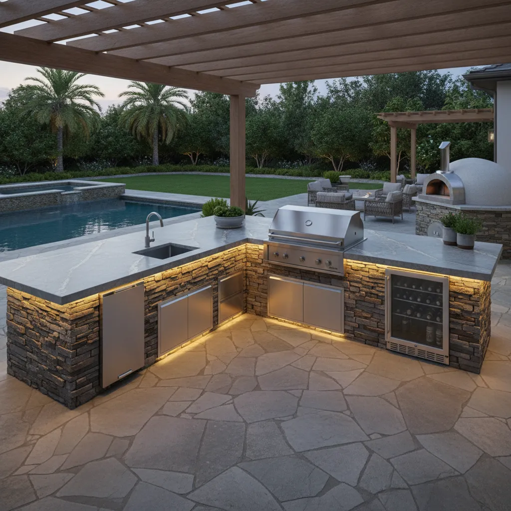 U-shaped outdoor kitchen with grill center and counters on three sides
