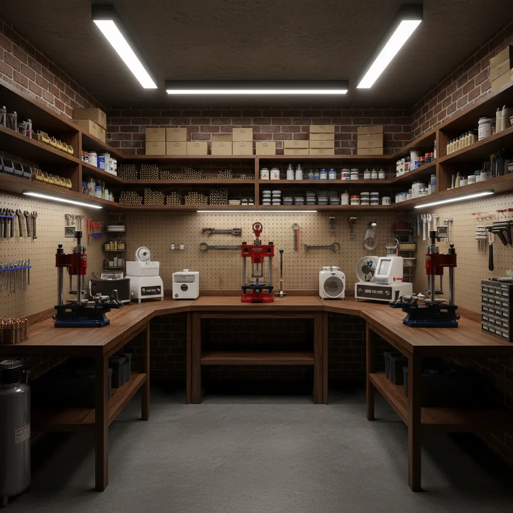 u shaped reloading room layout with multiple workbenches and organized workflow
