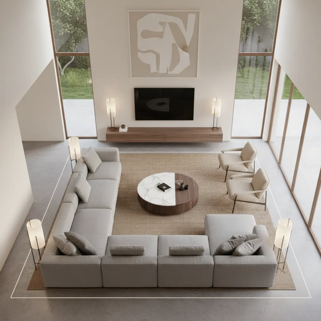 Living room layout showing circulation space around U shaped sectional