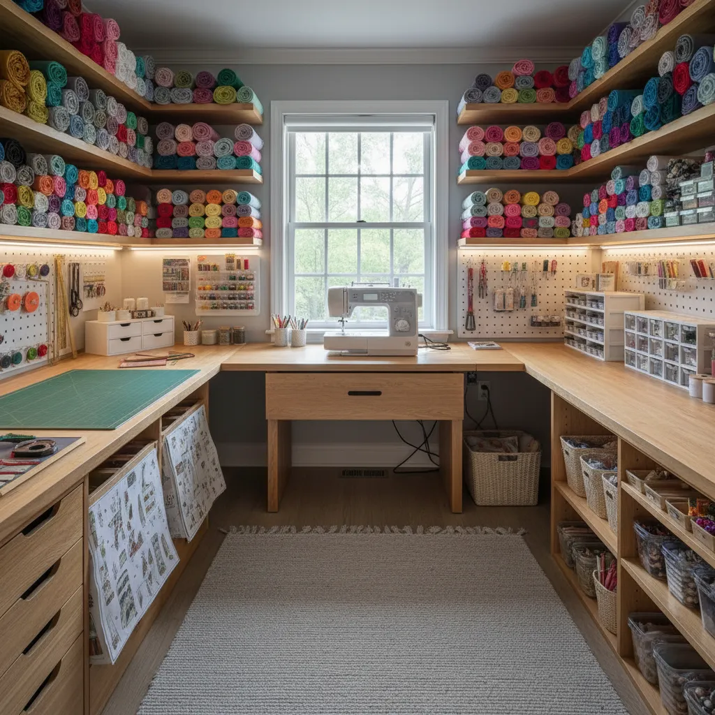 U shaped sewing workstation with multiple desks and fabric storage