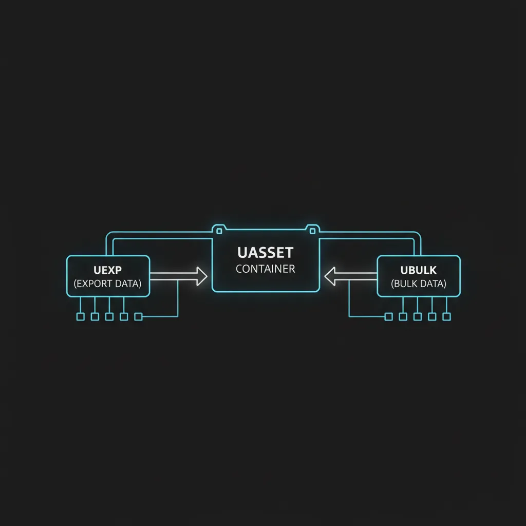 diagram showing unreal engine uasset file structure with uexp and ubulk dependencies