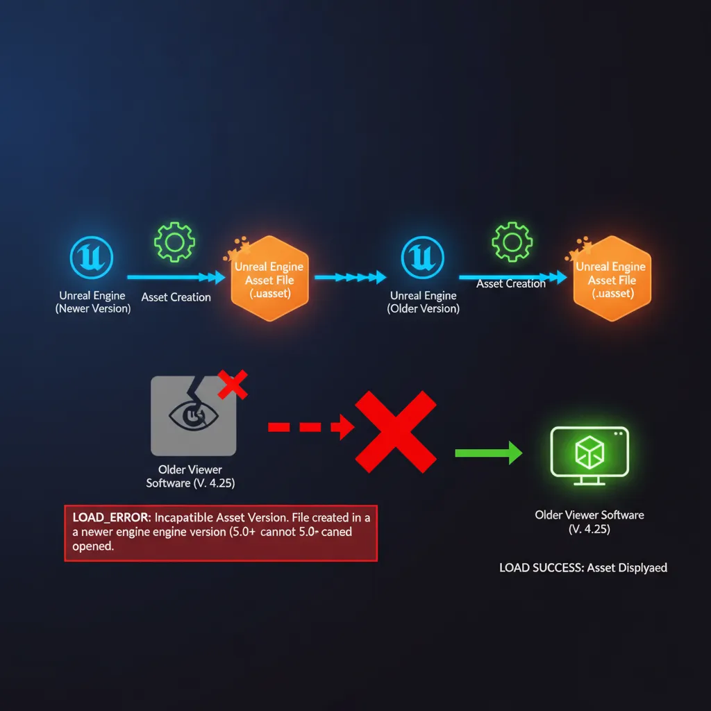 Diagram showing Unreal Engine version mismatch between asset and viewer