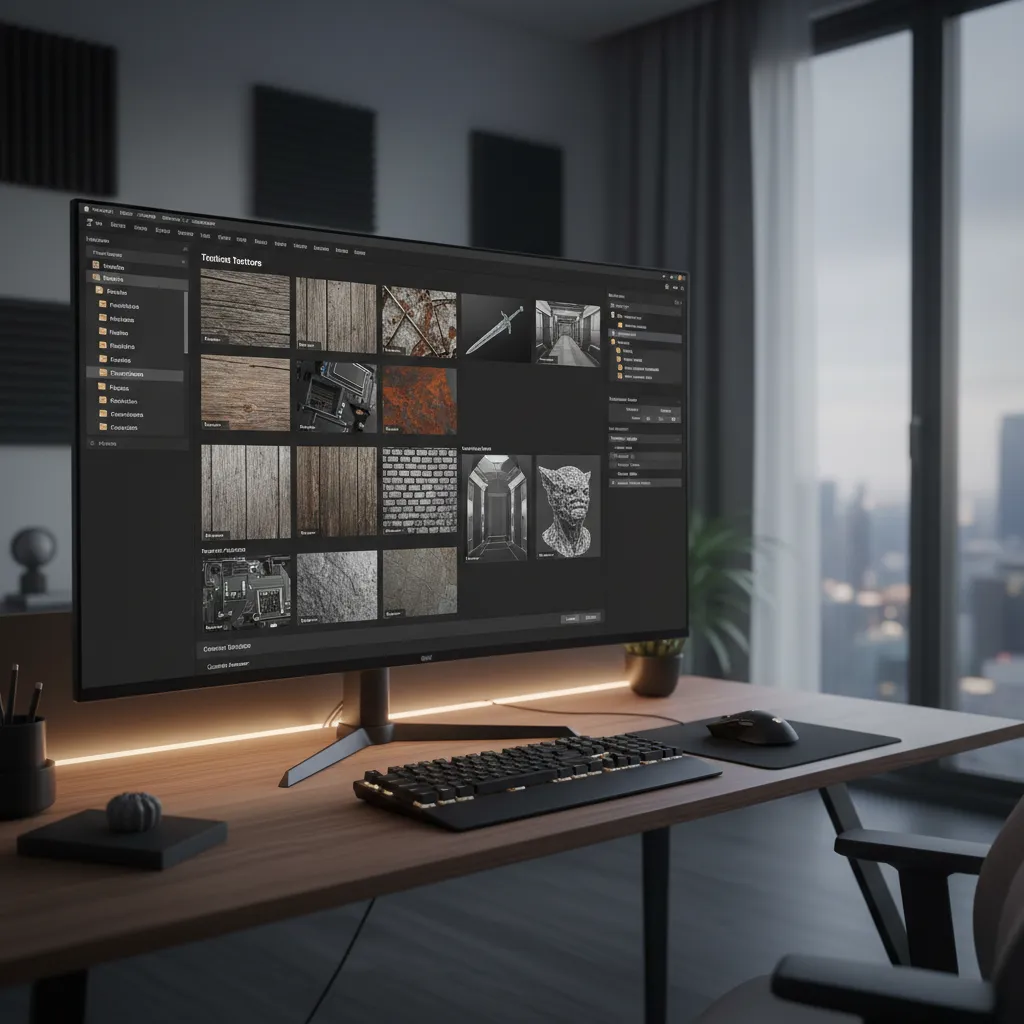 UAsset viewer interface displaying preview thumbnails of textures and 3D meshes