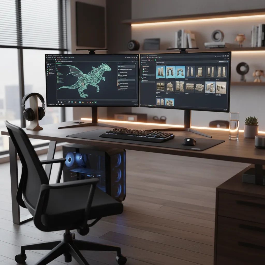 Developer comparing multiple asset viewer tools on dual monitors
