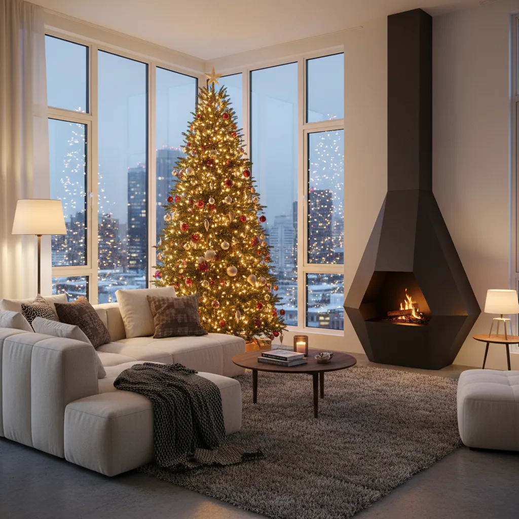 Árbol de Navidad colocado junto a una ventana en el salón