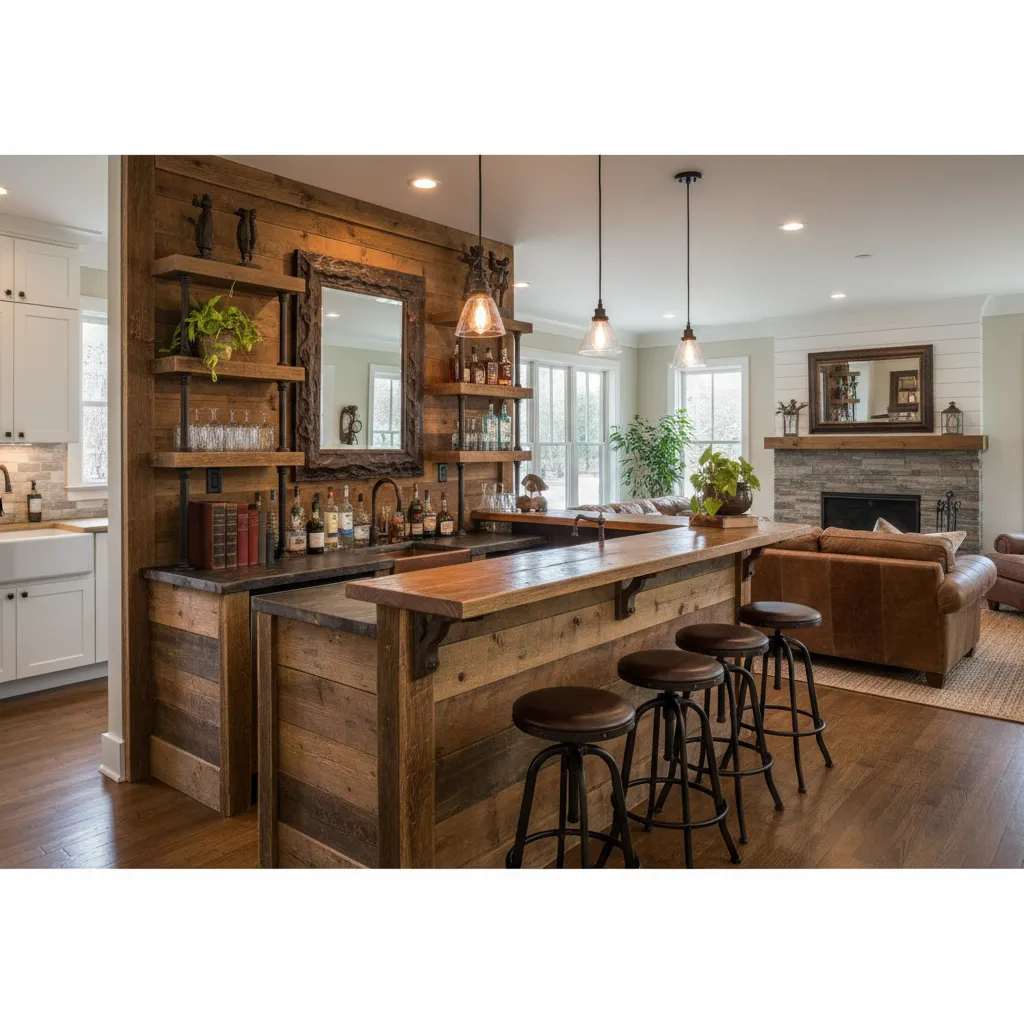 Home bar with wooden counter four stools wall panel and ceiling lights near living room