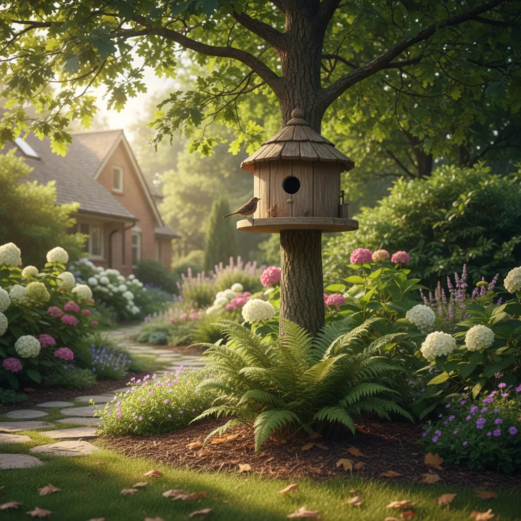 Wooden birdhouse on a tree in a garden with flowers stone path and a house