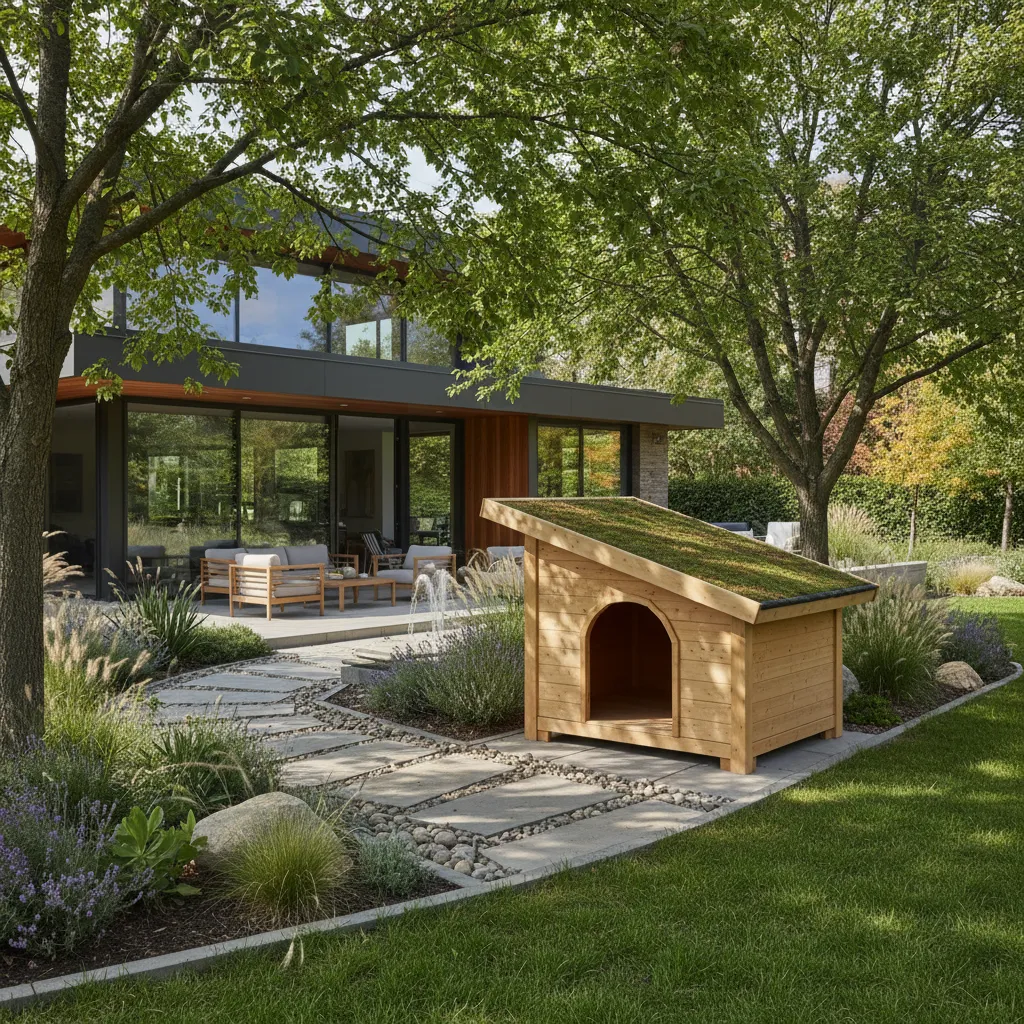 Wooden dog house with a green grass roof in a backyard garden with large trees