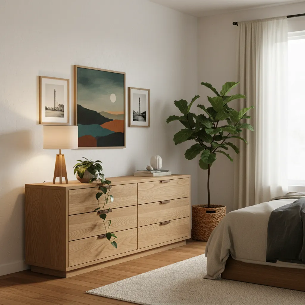 Wooden bedroom cabinet with three wall pictures, a table lamp, a potted plant, and bed
