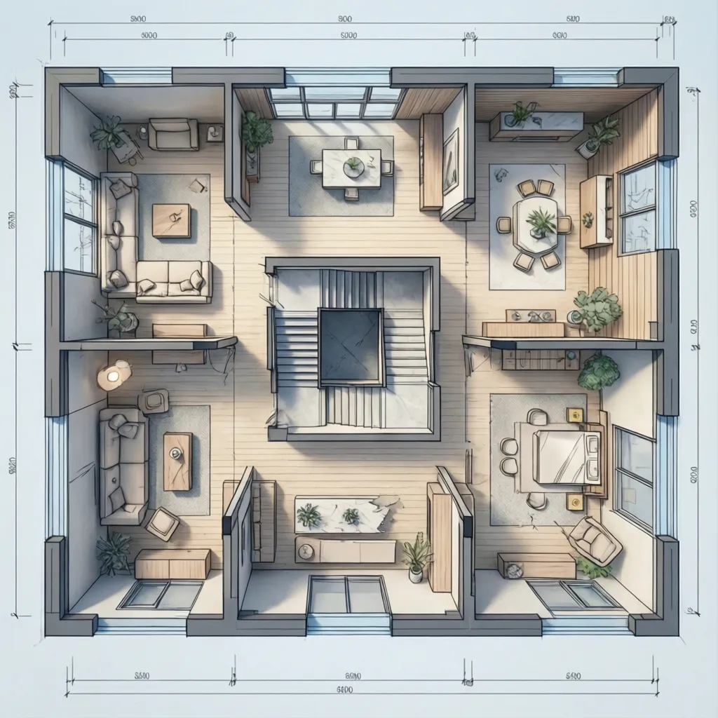 Plano de vivienda mostrando ubicación central de escalera en casa de dos plantas