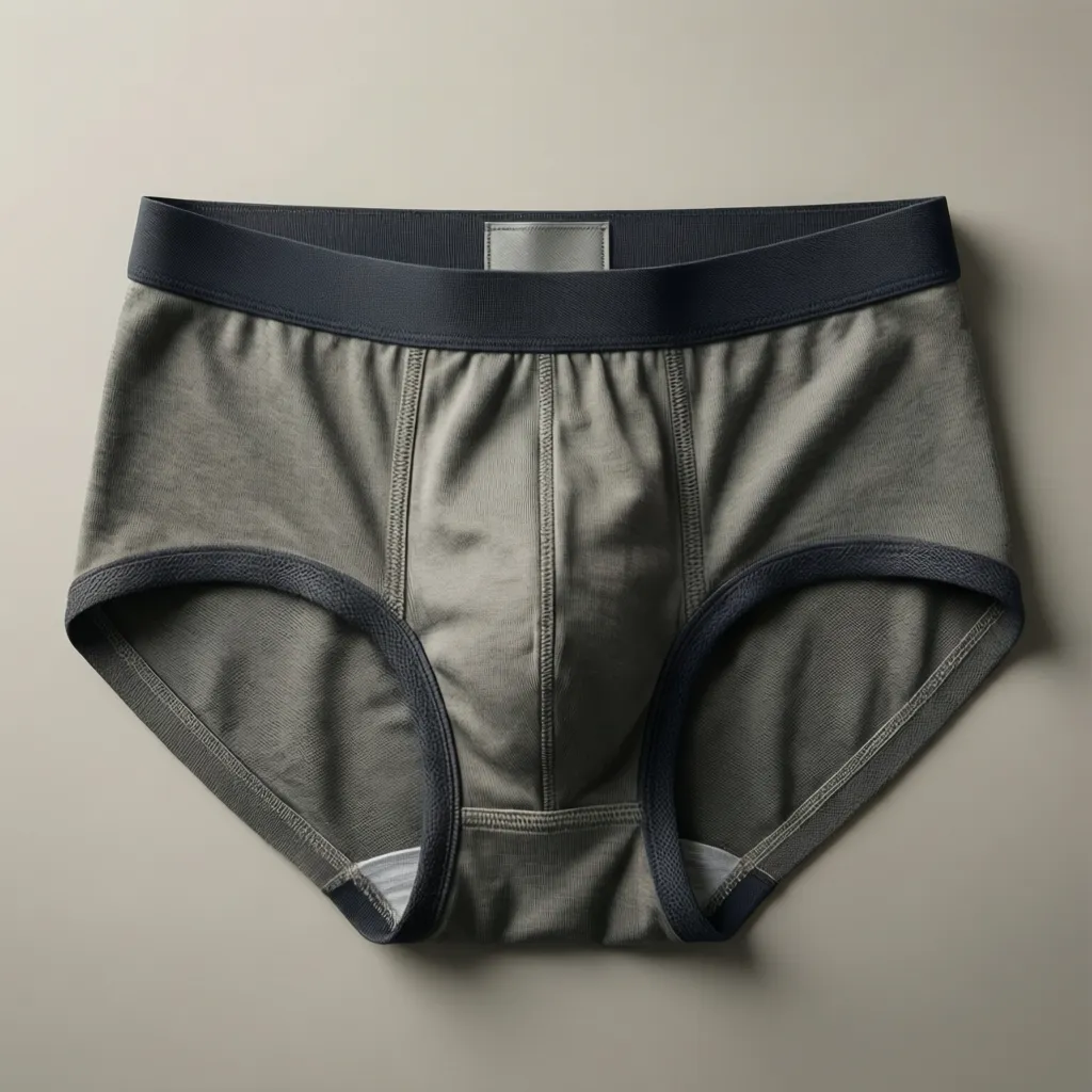 Olive green underwear for men laid flat on a grey background showing internal waistband label