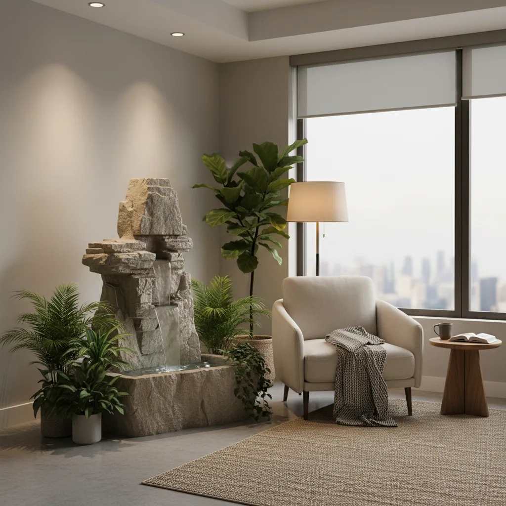 Fuente de agua interior colocada en un rincón del salón con plantas