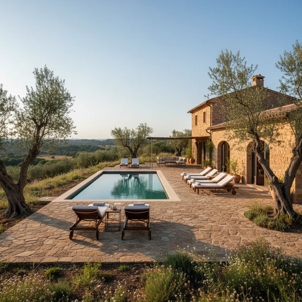 Stone country house with a swimming pool lounge chairs olive trees and wide countryside landscape view