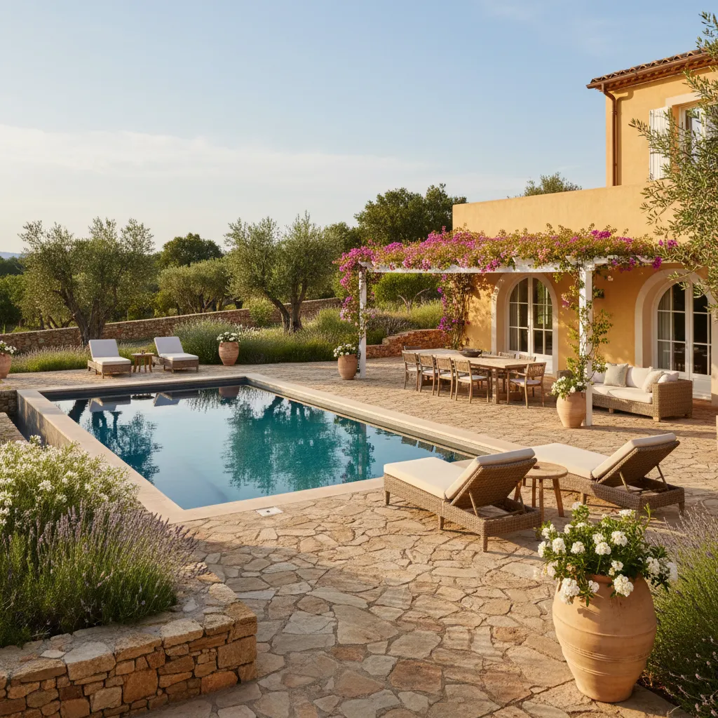 Mediterranean house with swimming pool and lounge chairs on stone patio with purple flowers blooming