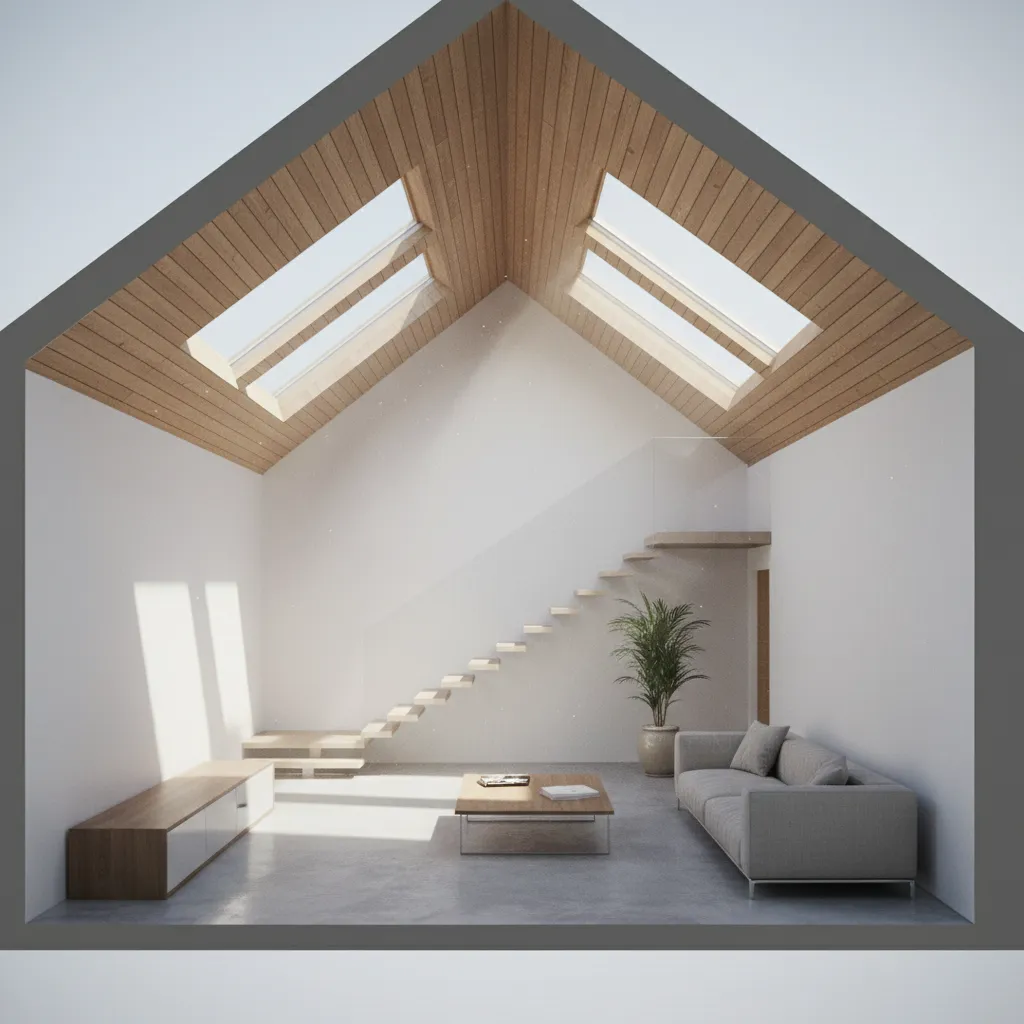 Vista interior mostrando la posición estratégica de un tragaluz en el techo